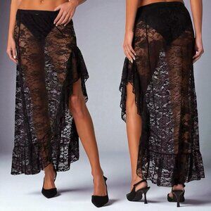 NEW Y2K Black Floral Lace Maxi Skirt Sz.M Sheer Ruffle Hem Fairy Grunge Goth